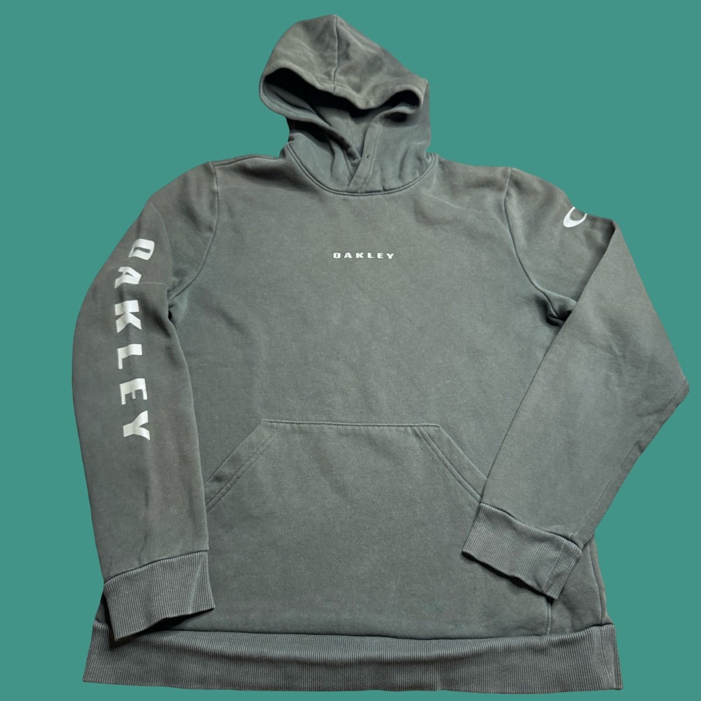 Oakley Pullover Hoodie XS Green Logo Sleeve Athletic Casual Sweatshirt Y2K